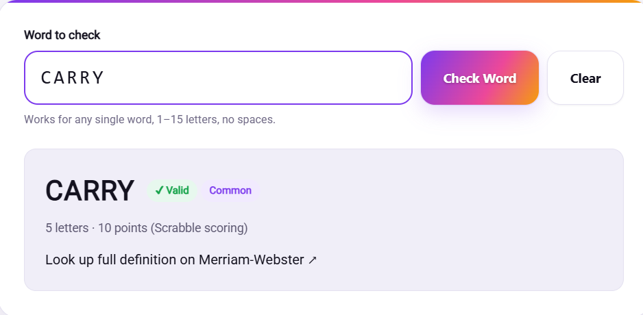 Check Dictionary tool showing a word verified as real alongside its definition