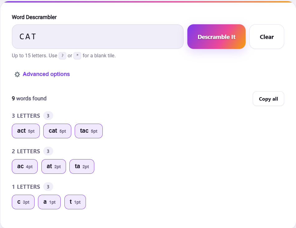 Word descrambler tool showing jumbled letters unscrambled into a list of matching words