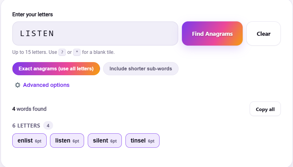 Anagram solver tool showing letters rearranged into a full list of matching words