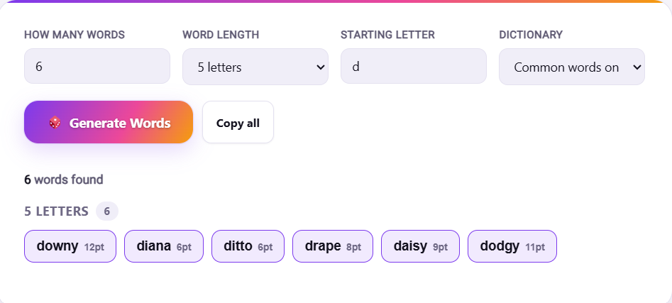 Random word generator tool displaying a freshly generated list of English words