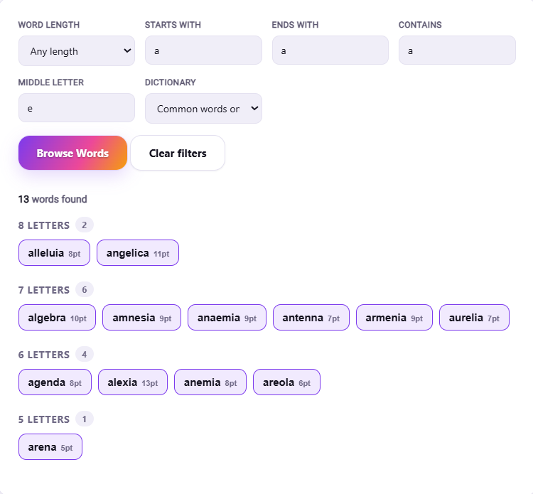 Word Lists Explorer showing a filtered list of five letter words starting with a specific letter