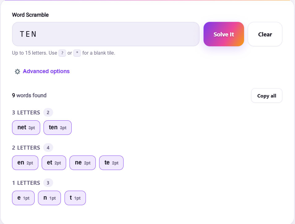 Word scramble maker tool showing a list of words converted into a scrambled letter puzzle